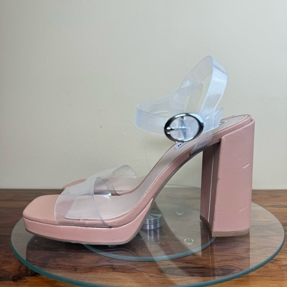 NEW STEVE MADDEN Persepolis Patent Block Heel Sandal - Tan clear - Picture 1 of 16